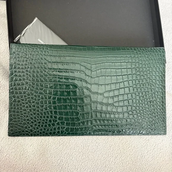 SAINT LAURENT YSL Dark Mint Green Uptown Croc Print Med Envelope Pouch Clutch - Picture 6 of 12
